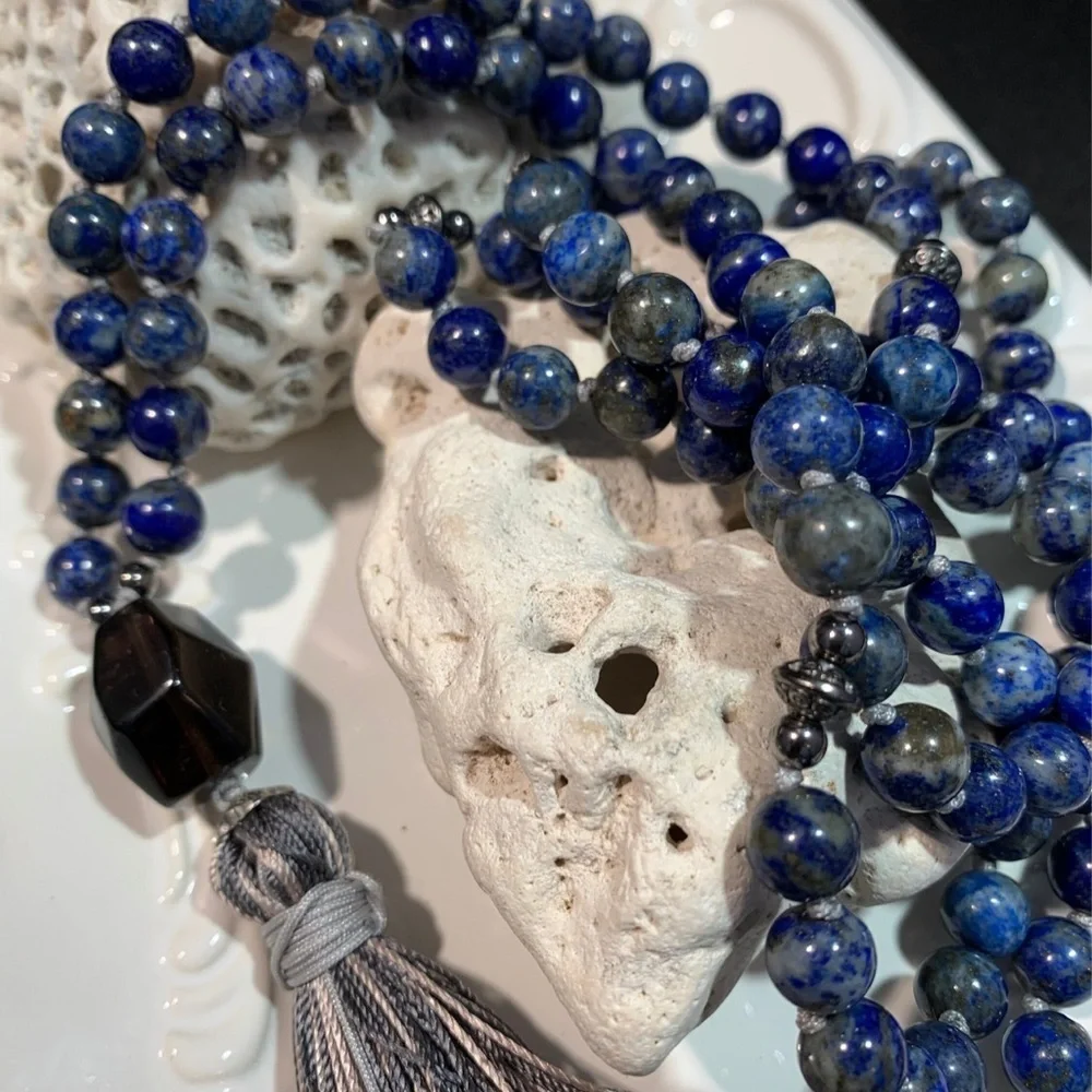 Handmade Silk Thread Knotted Lapis Lazuli Mala 108 / Yoga Meditation Necklace - Picture 8 of 8